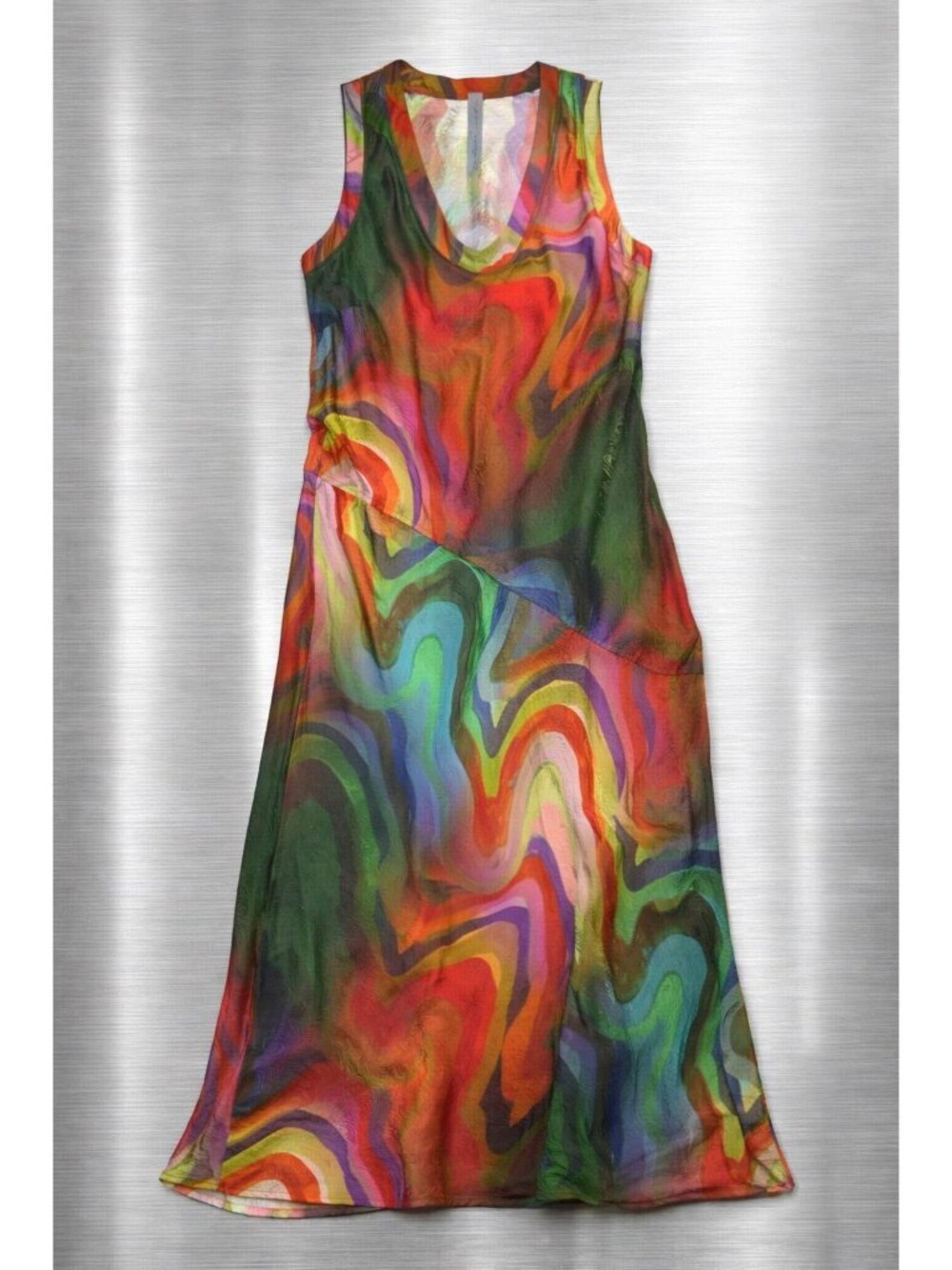 Raquel Allegra Dress Silk Rayon Print Kennedy Midi Multi Wave Size 00 Sleeveless - Picture 2 of 15